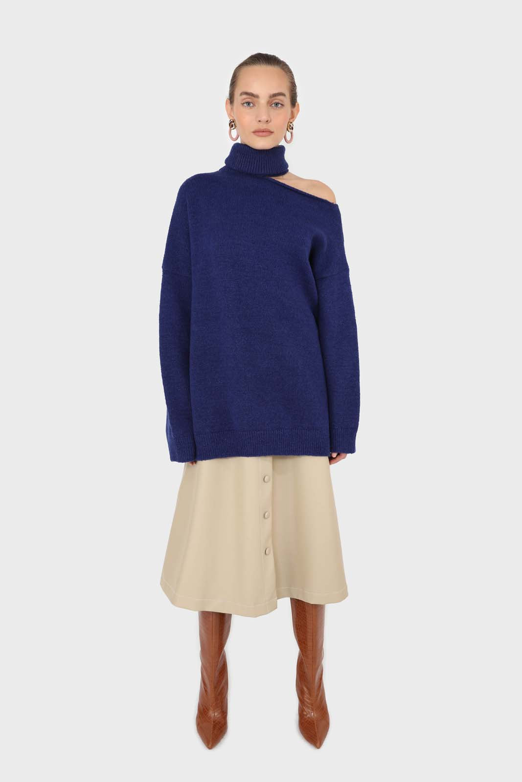 Cobalt blue slit neck turtleneck jumper