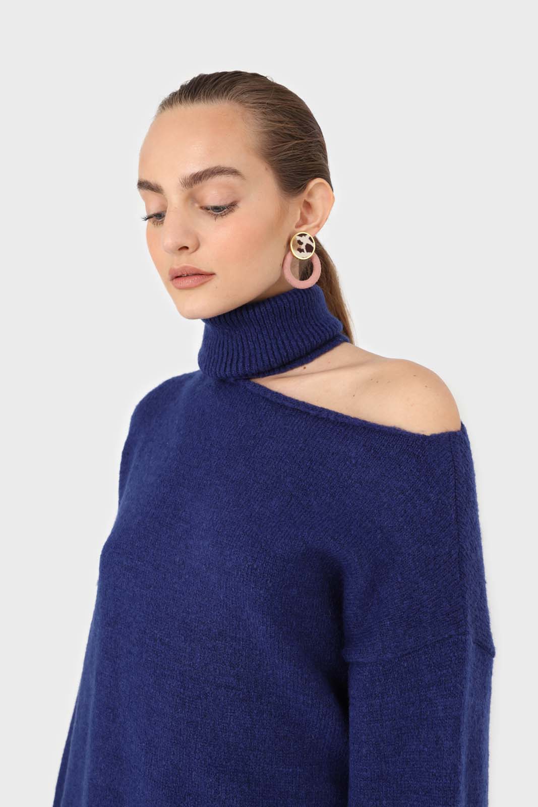 Cobalt blue slit neck turtleneck jumper