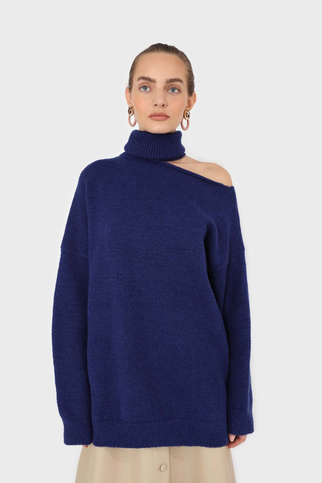 Cobalt blue slit neck turtleneck jumper