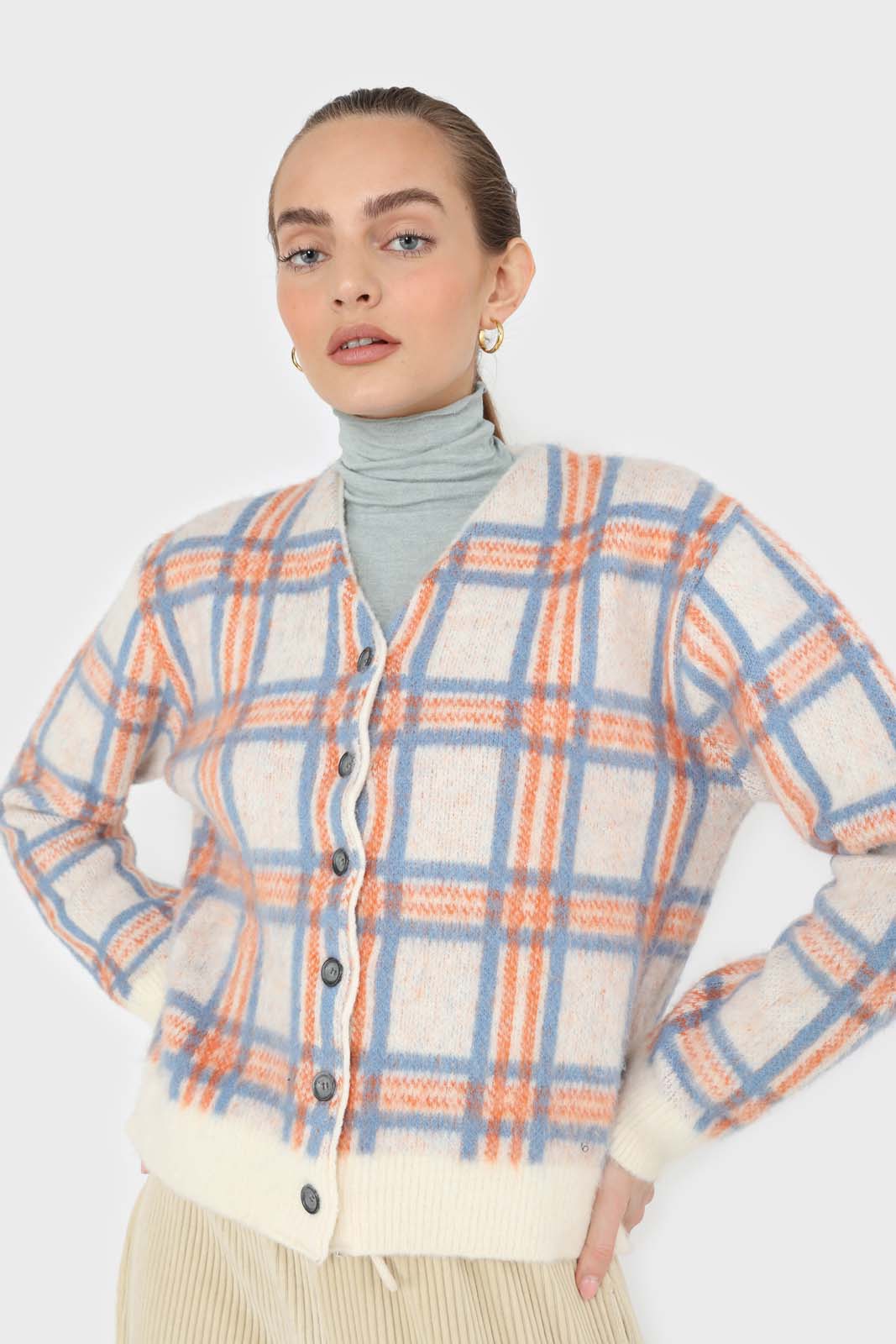 Ivory and orange multi check brushed cardigan