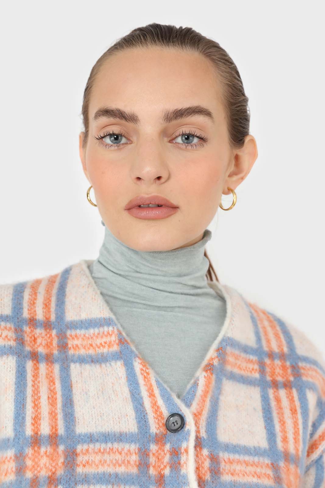 Ivory and orange multi check brushed cardigan