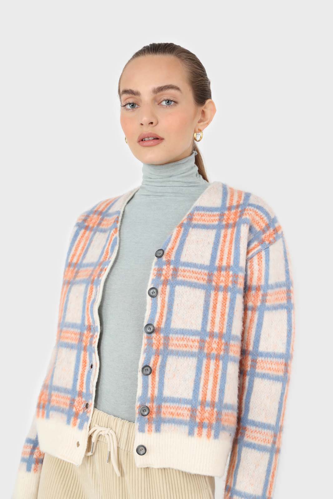 Ivory and orange multi check brushed cardigan