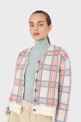 Ivory and orange multi check brushed cardigan