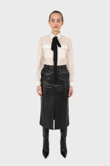 Ivory and black pussy bow semi sheer blouse