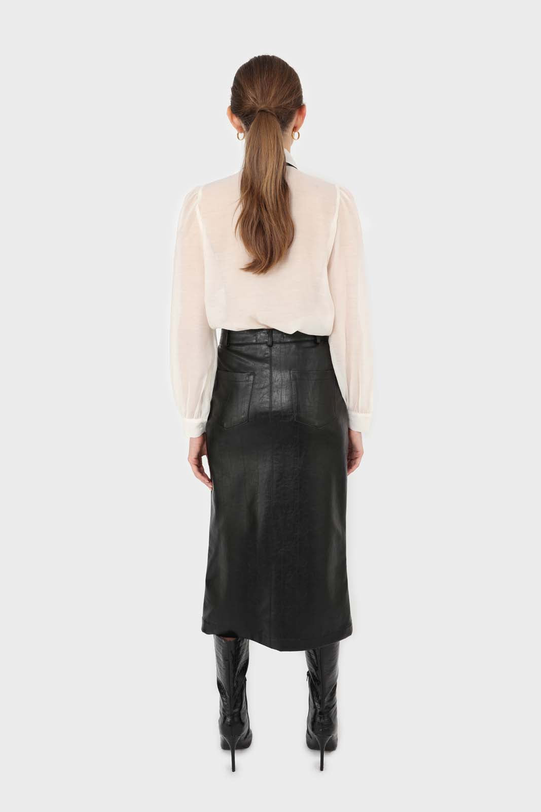 Ivory and black pussy bow semi sheer blouse