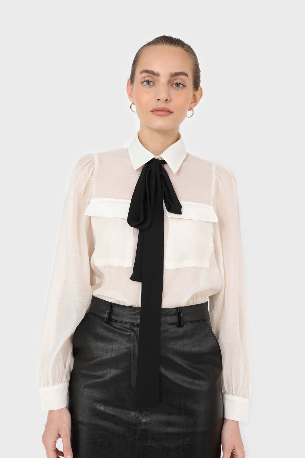 Ivory and black pussy bow semi sheer blouse