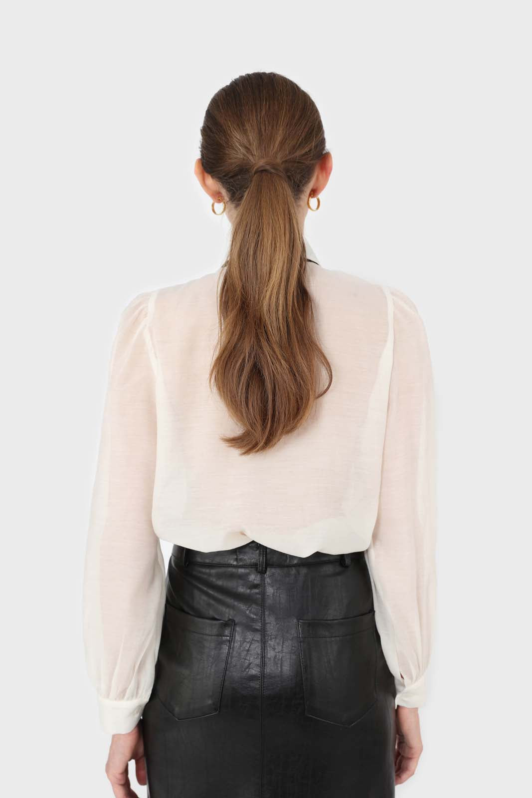 Ivory and black pussy bow semi sheer blouse