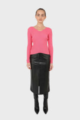 Hot pink ribbed V-neck fitted knit top
