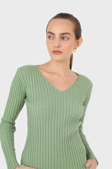 Mint green ribbed V-neck fitted knit top