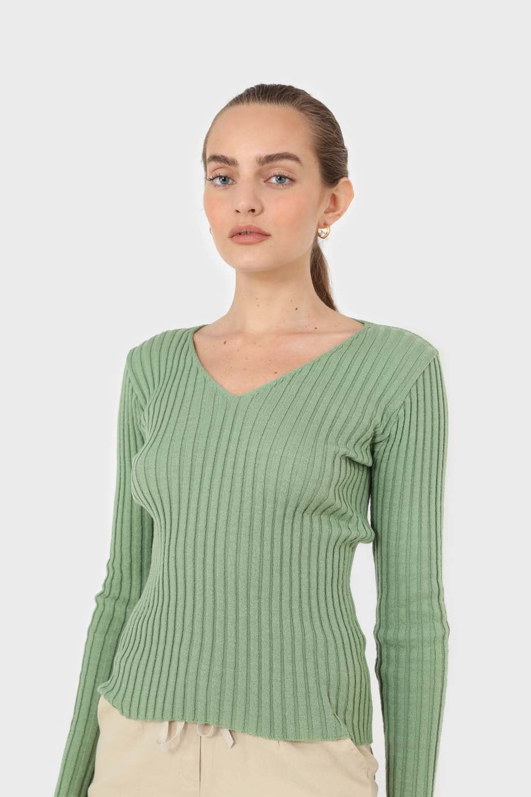 Mint green ribbed V-neck fitted knit top