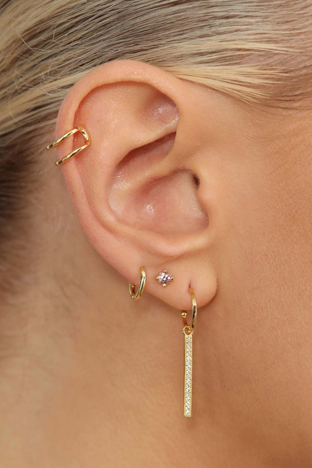 Gold dangling diamante bar hoop earrings