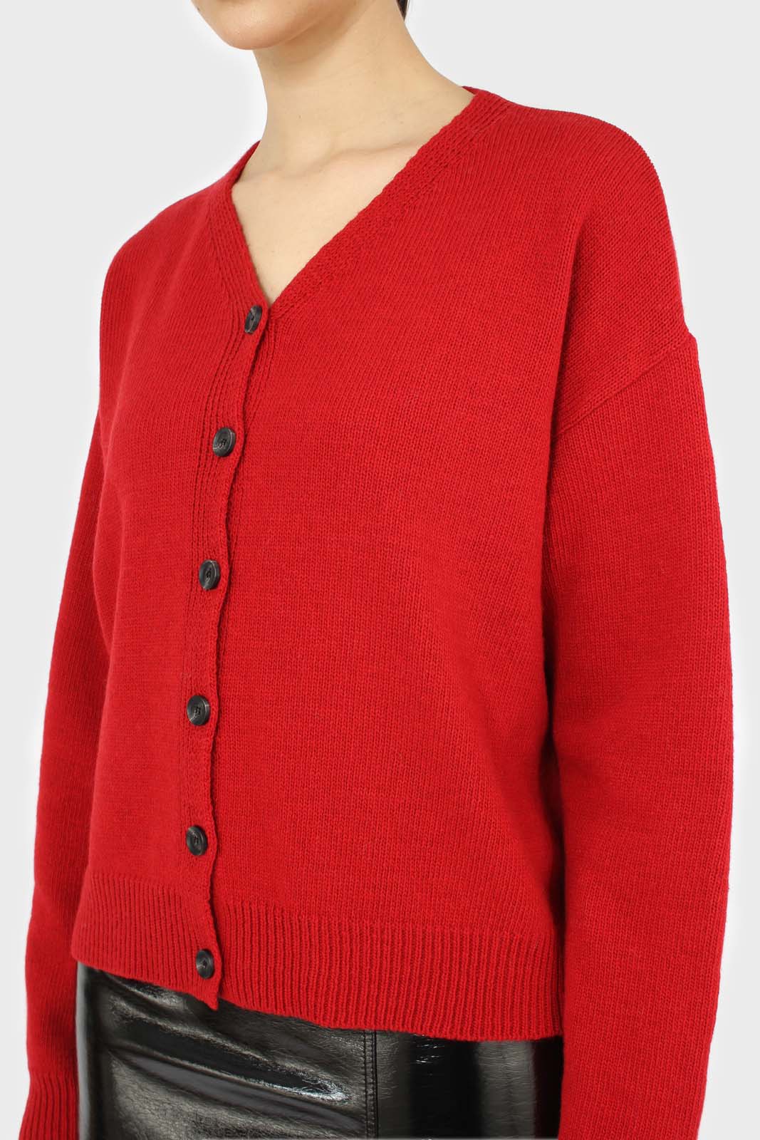 Red wool blend v-neck loose fit cardigan