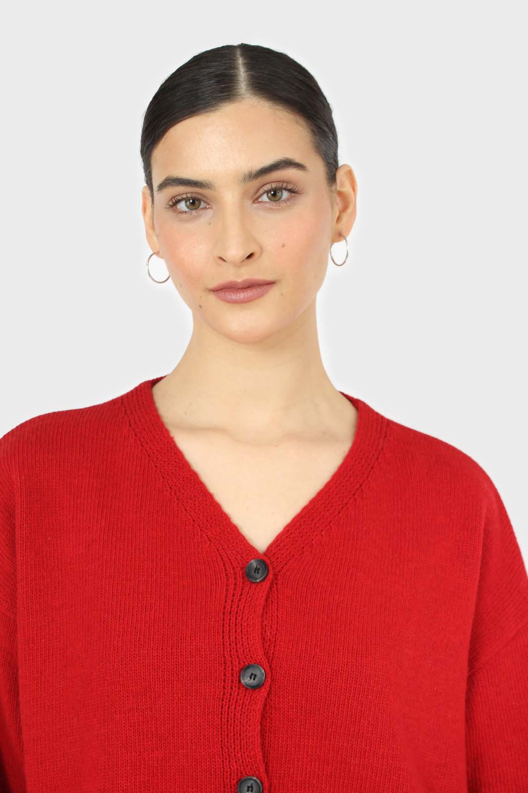 Red wool blend v-neck loose fit cardigan