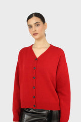 Red wool blend v-neck loose fit cardigan
