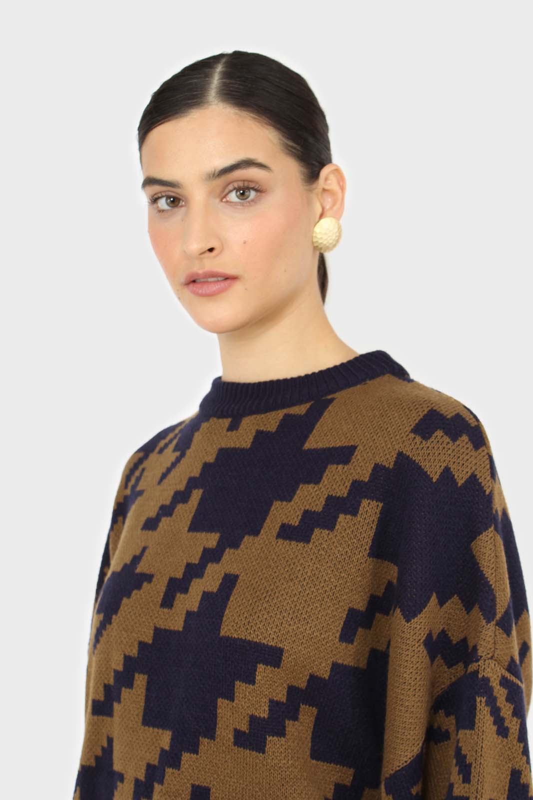 Navy and khaki houndstooth oversized jumper