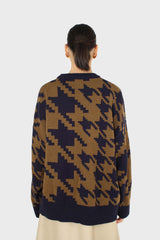 Navy and khaki houndstooth oversized jumper