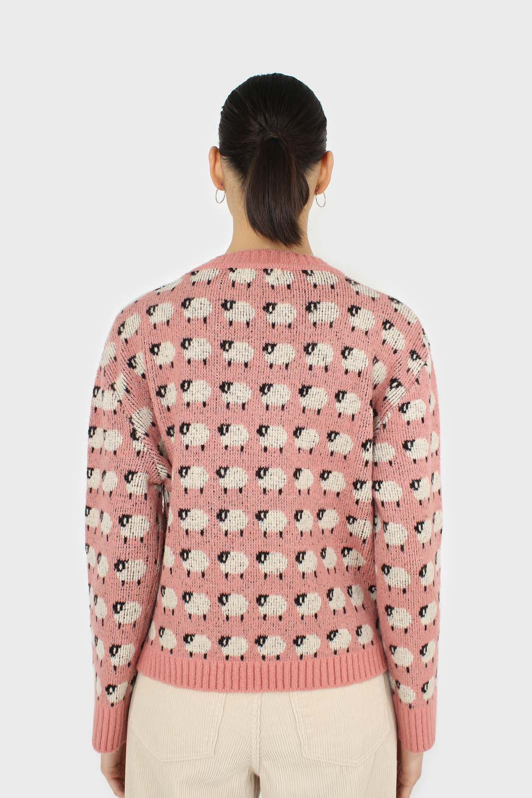 Pink intarsia sheep crew neck jumper