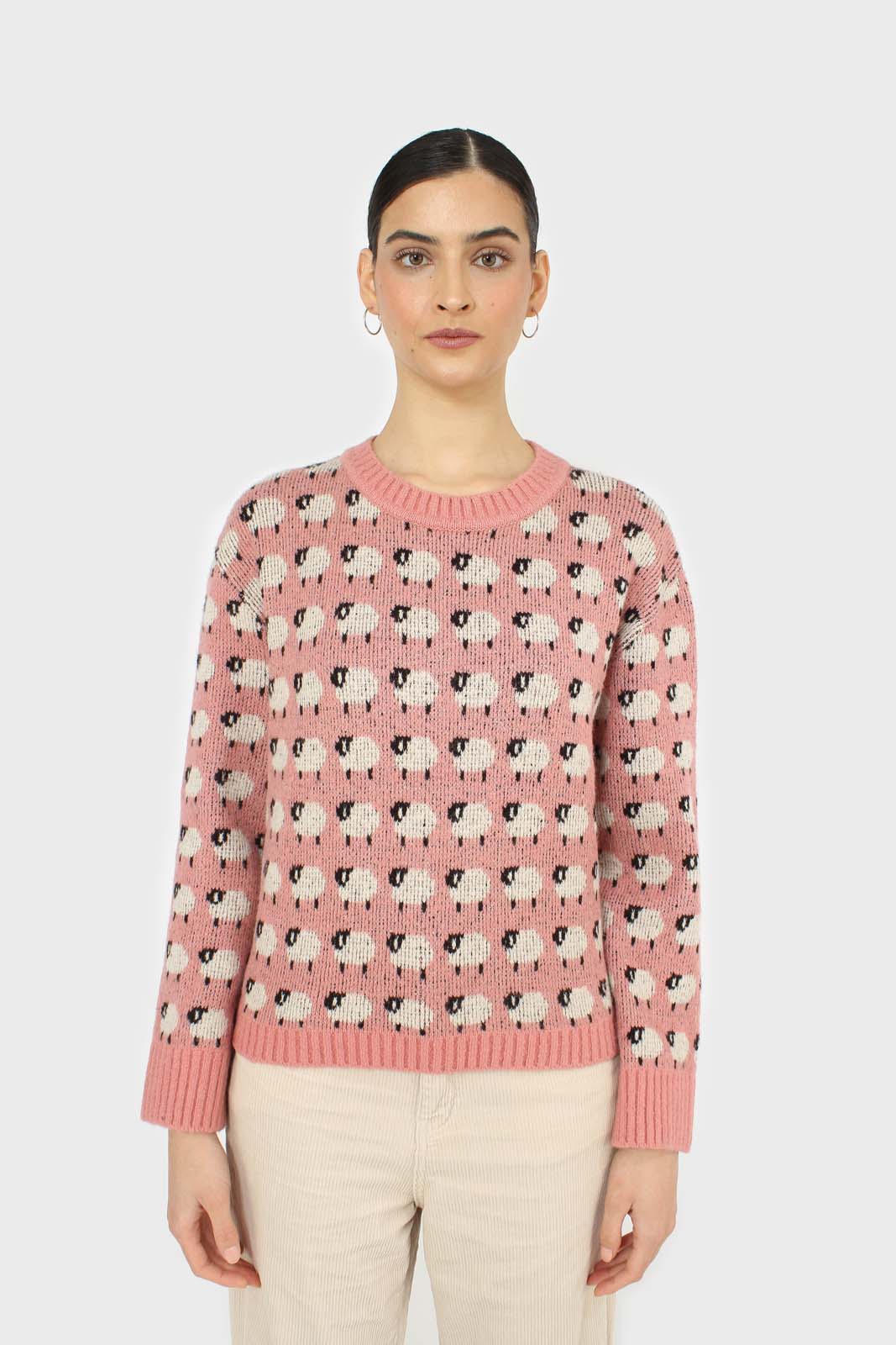 Pink intarsia sheep crew neck jumper