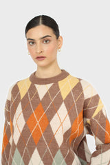 Brown and orange argyle crew neck jumper