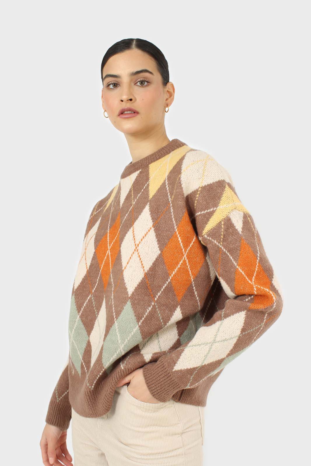 Brown and orange argyle crew neck jumper