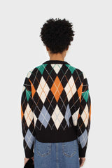 Black and orange argyle cardigan
