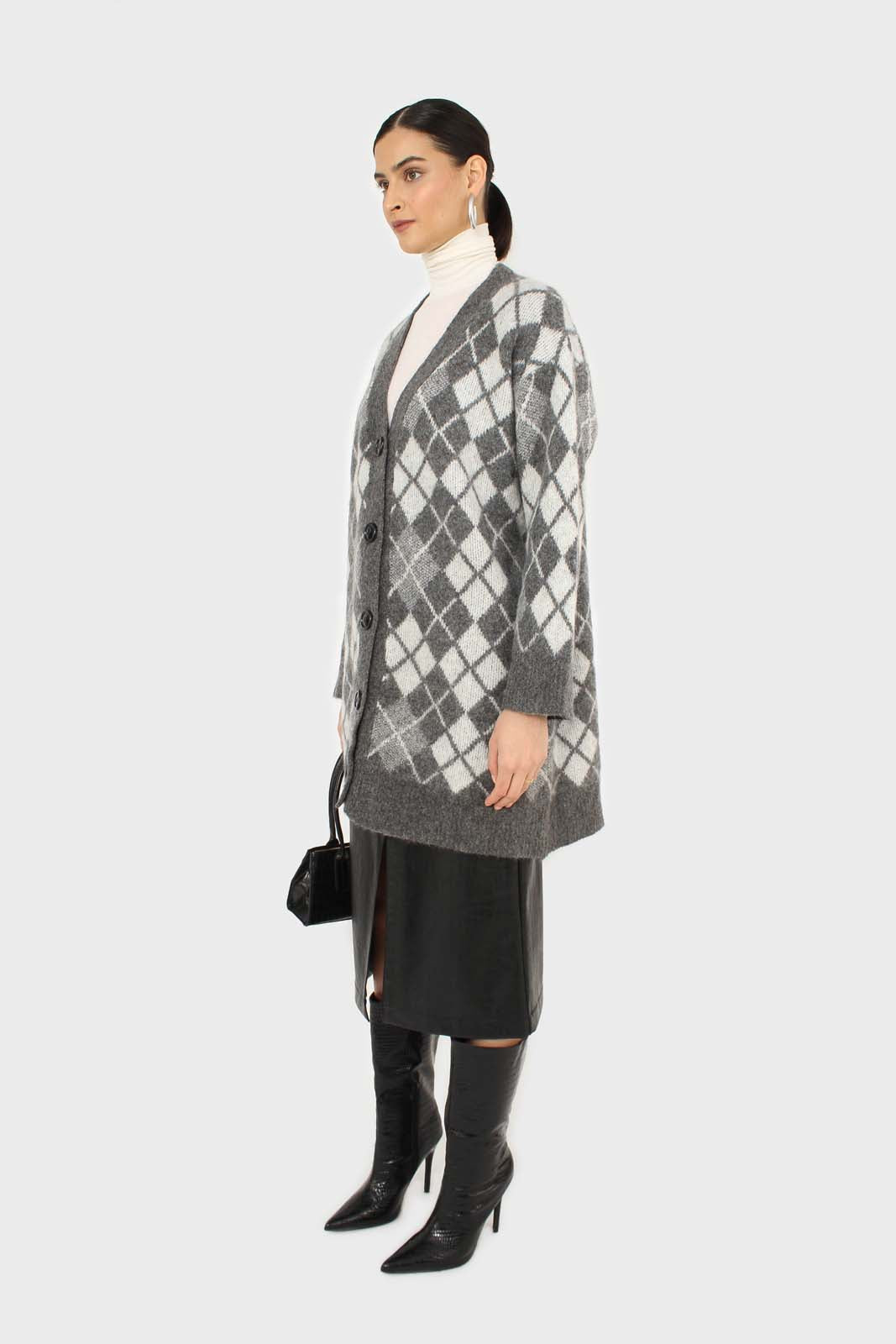 Grey argyle alpaca wool blend cardigan