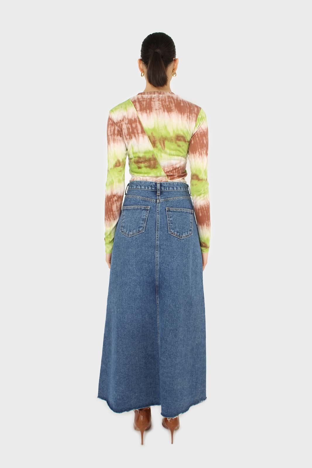 Mid blue denim front slit maxi skirt