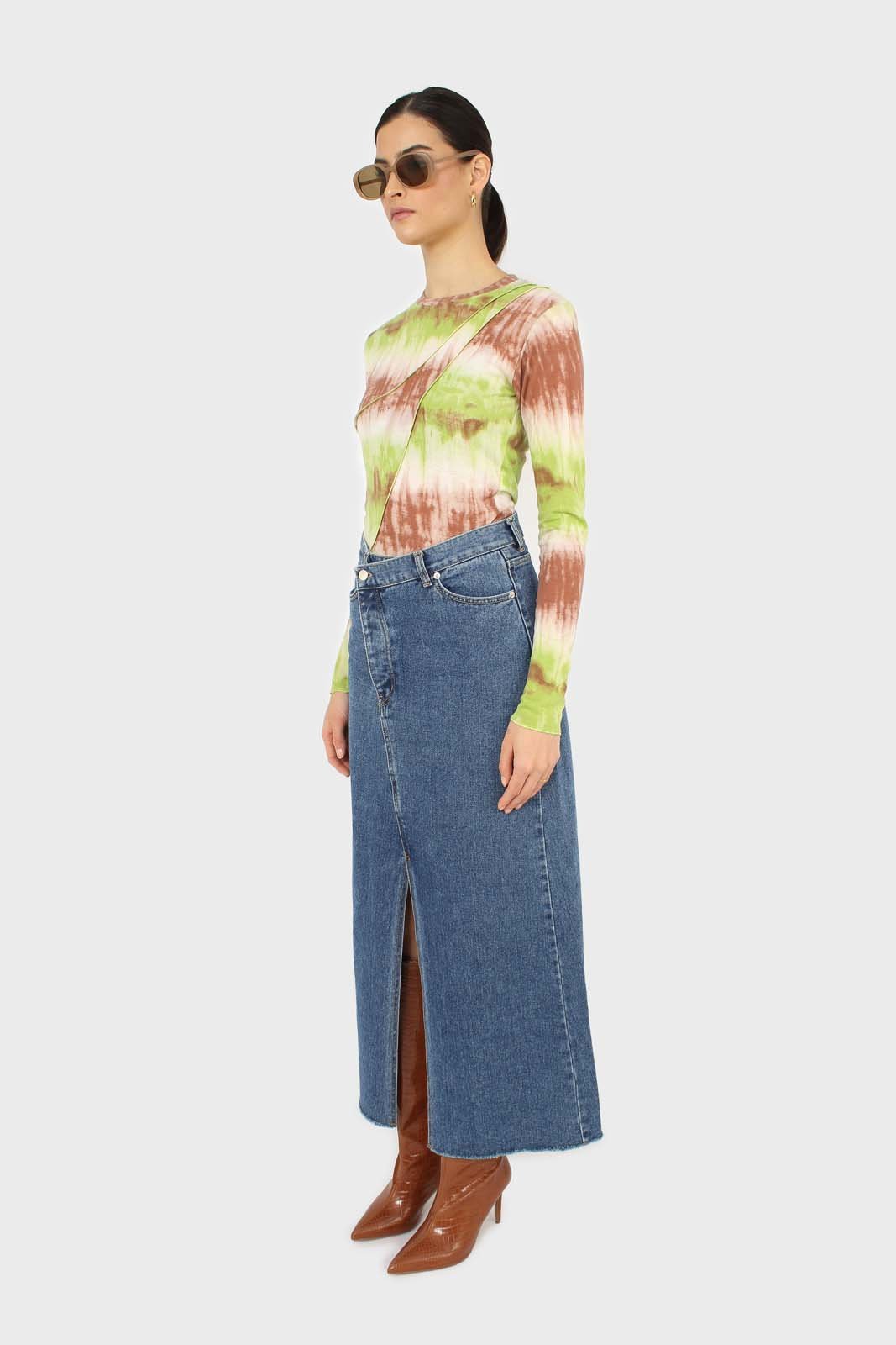 Mid blue denim front slit maxi skirt