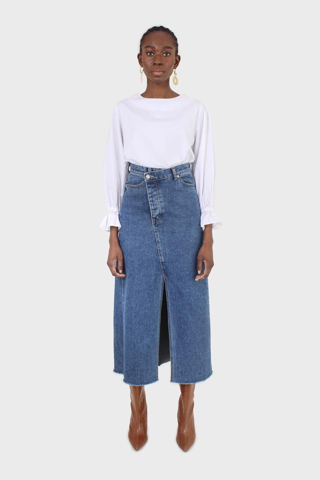Mid blue denim front slit maxi skirt