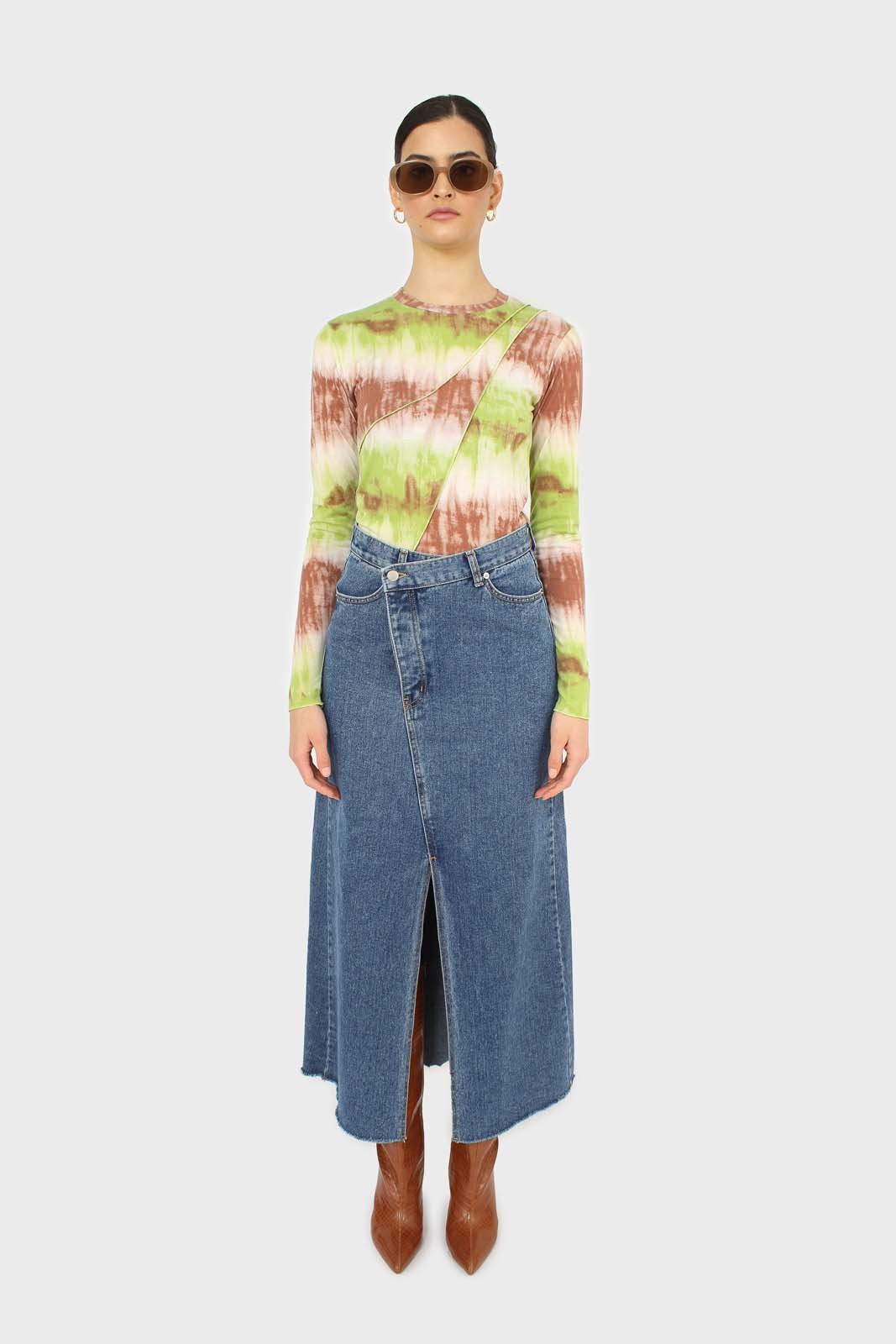 Mid blue denim front slit maxi skirt