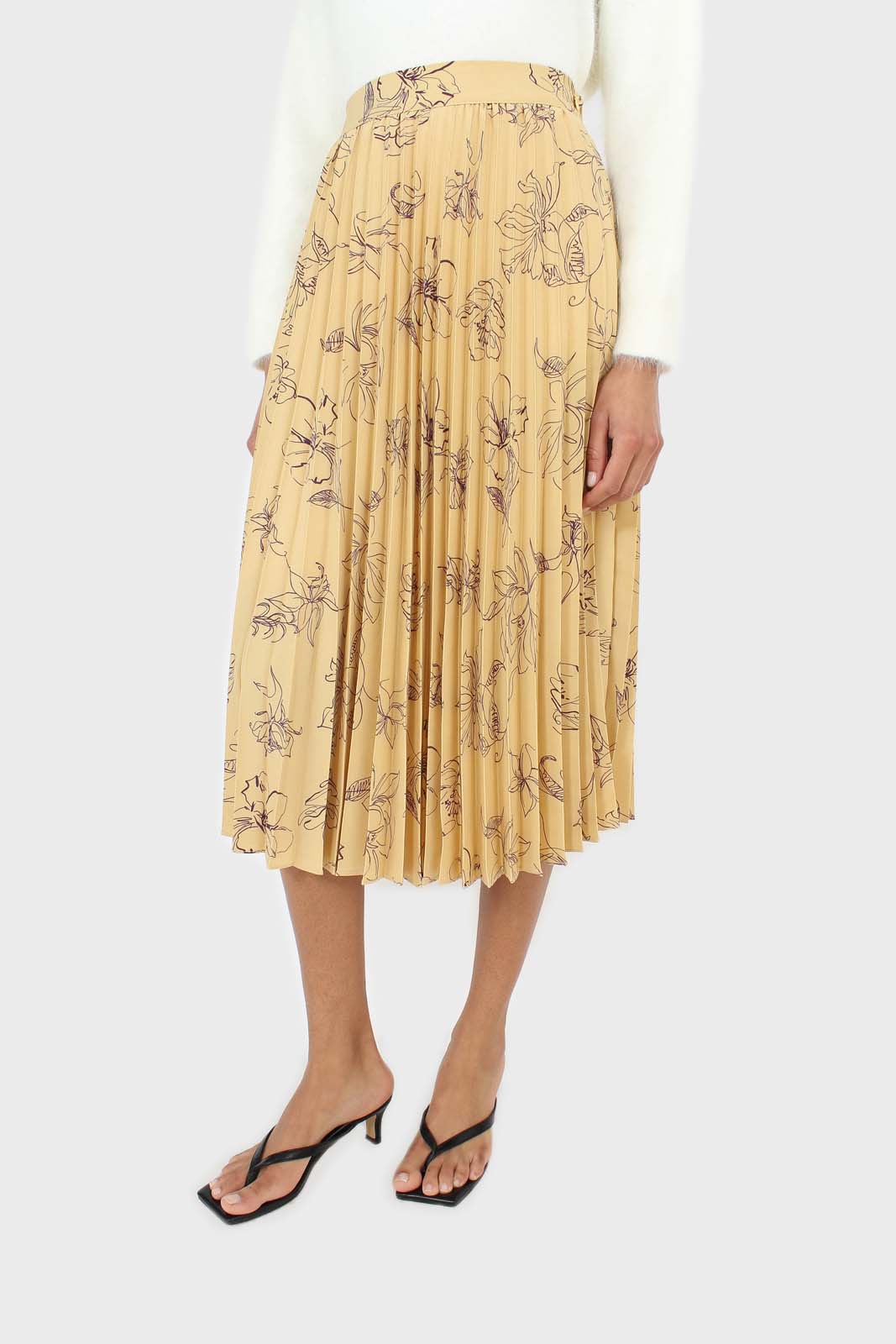 Pale yellow floral print pleated satin skirt