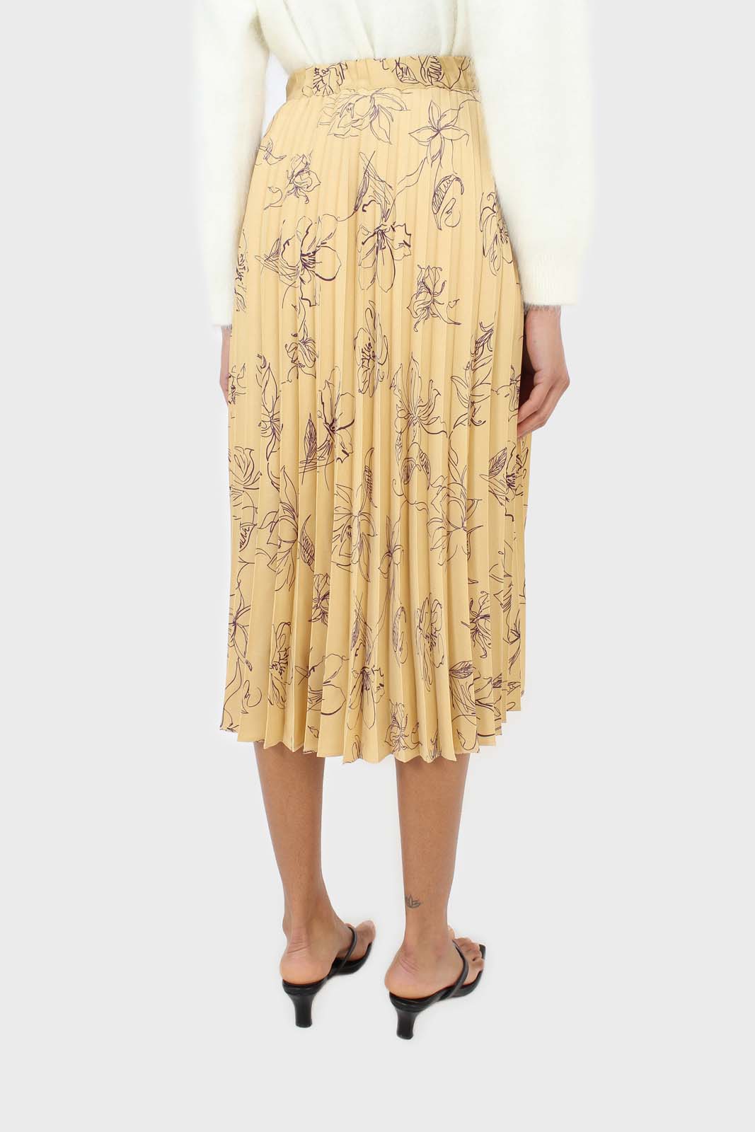 Pale yellow floral print pleated satin skirt