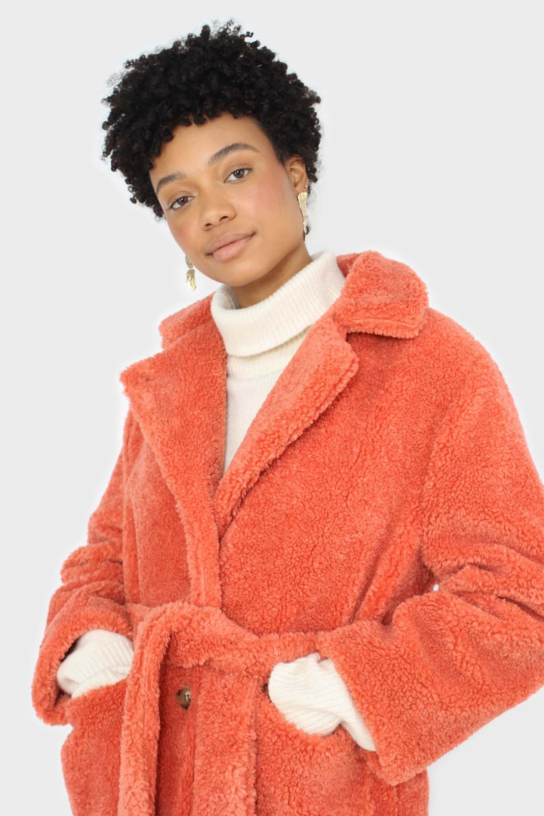 Coral teddy patch pocket belted jacket