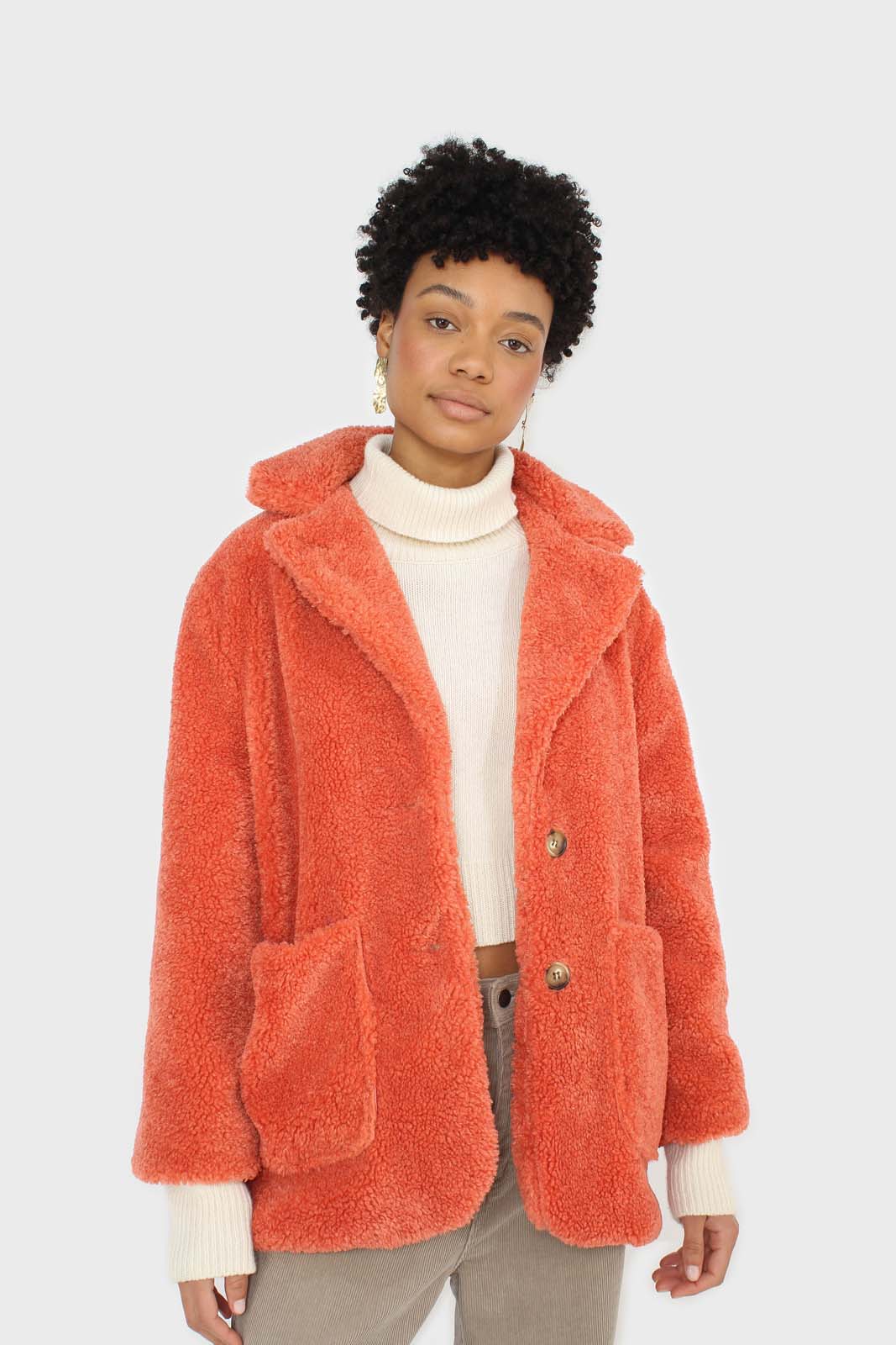 Coral teddy patch pocket belted jacket