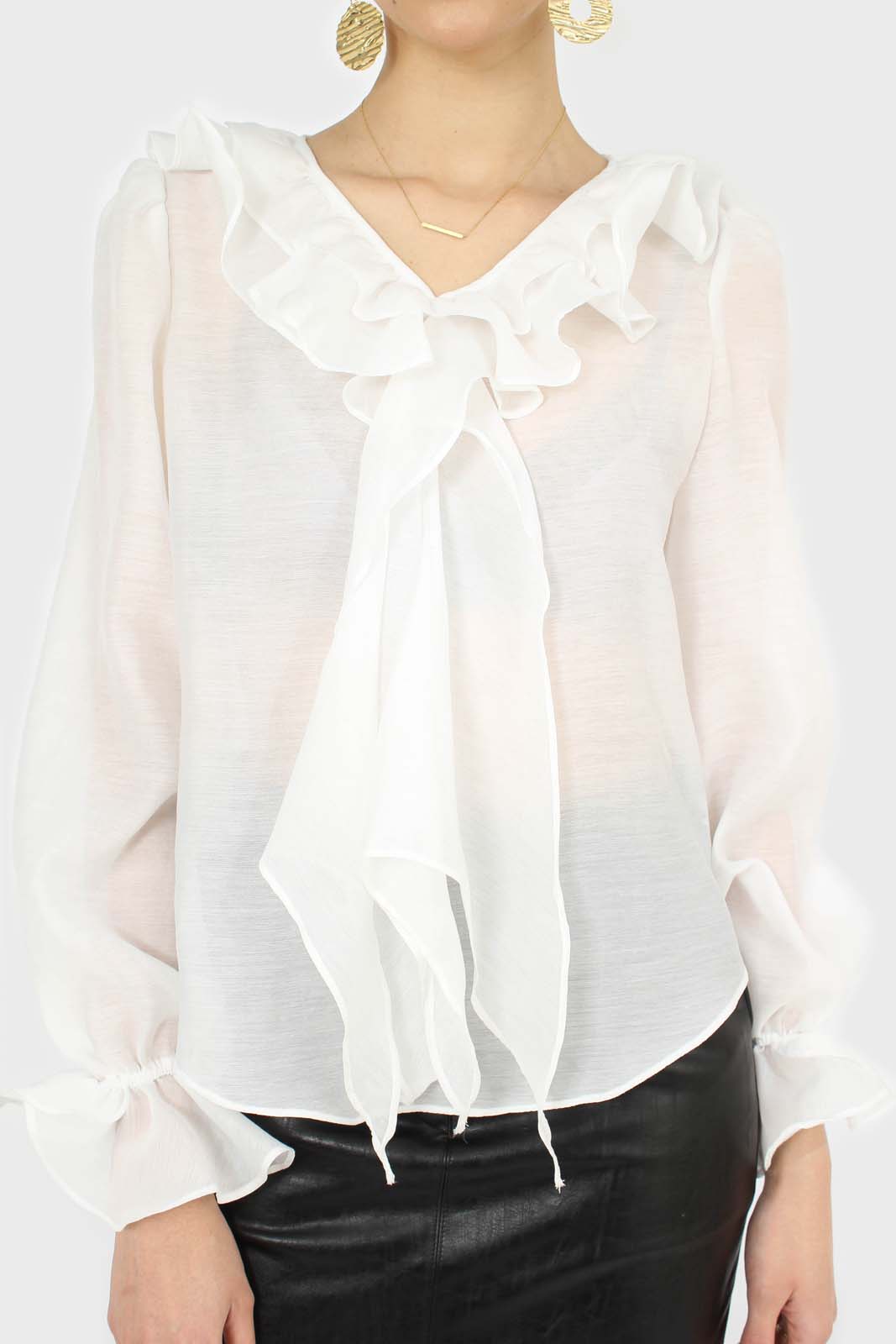 White double ruffle silky blouse