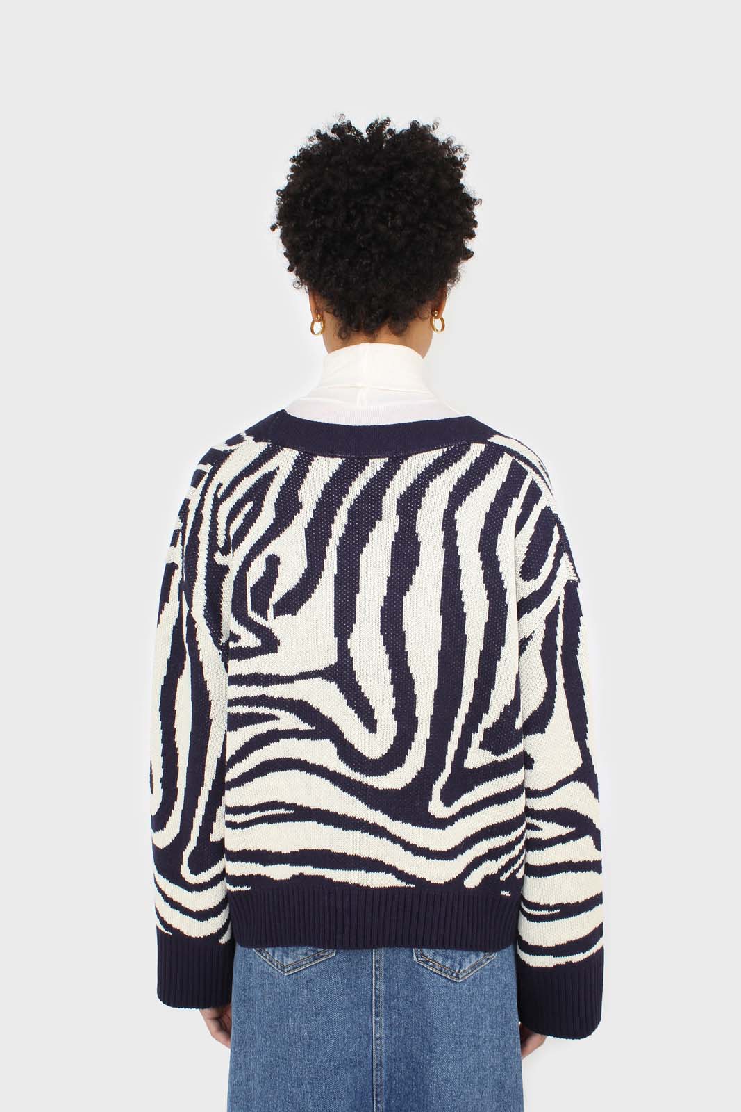 Navy blue and ivory intarsia zebra cardigan
