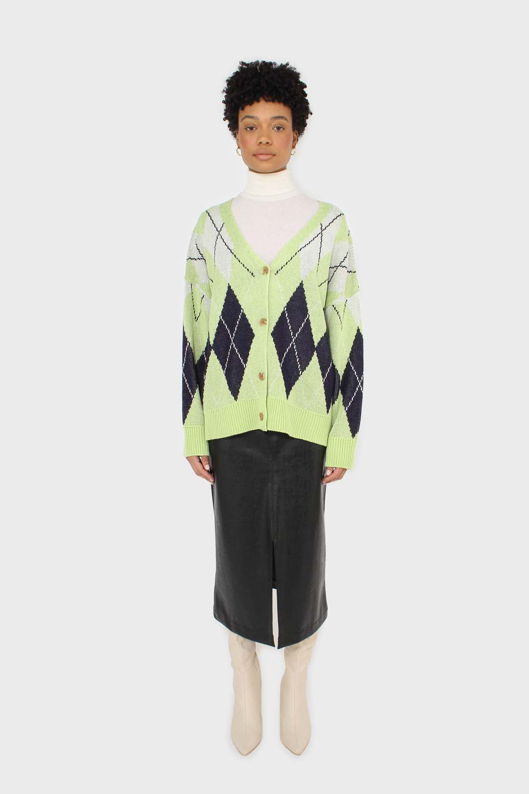 Light green and navy argyle cardigan