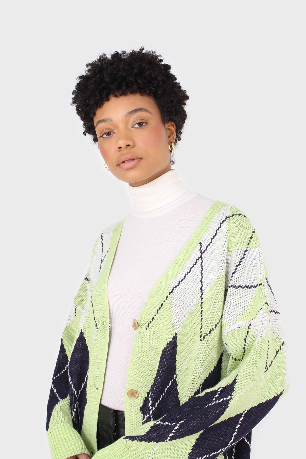 Light green and navy argyle cardigan