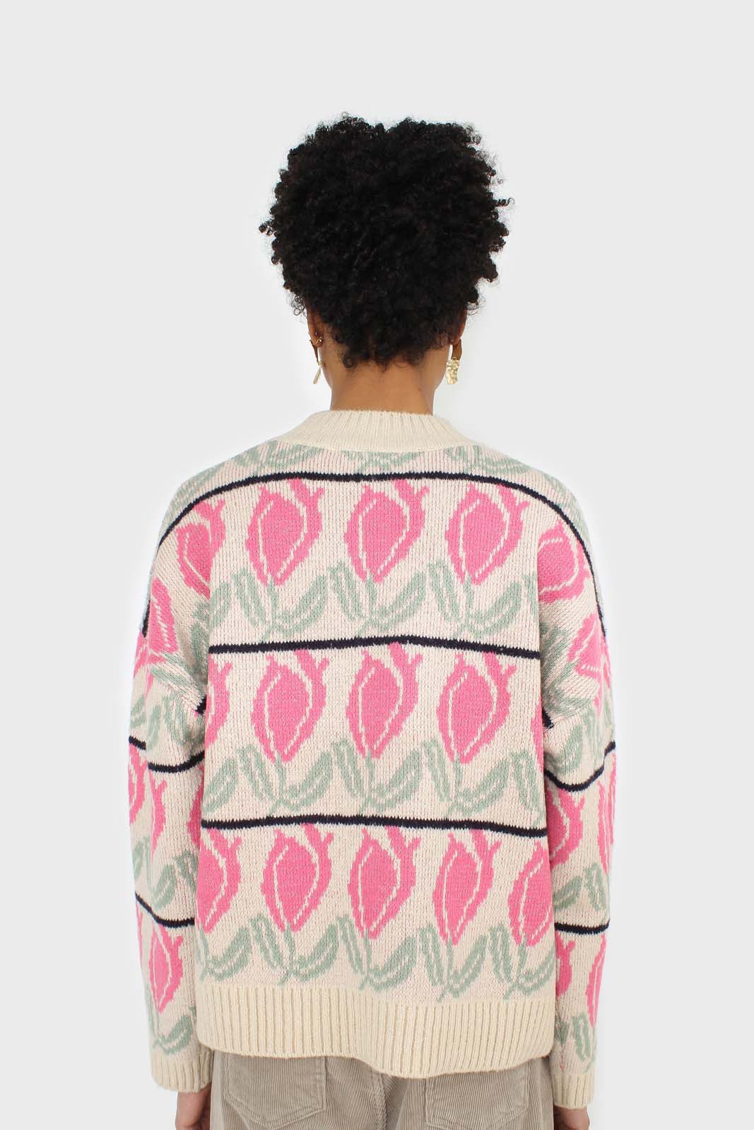 Oatmeal and pink intarsia tulip crew neck jumper