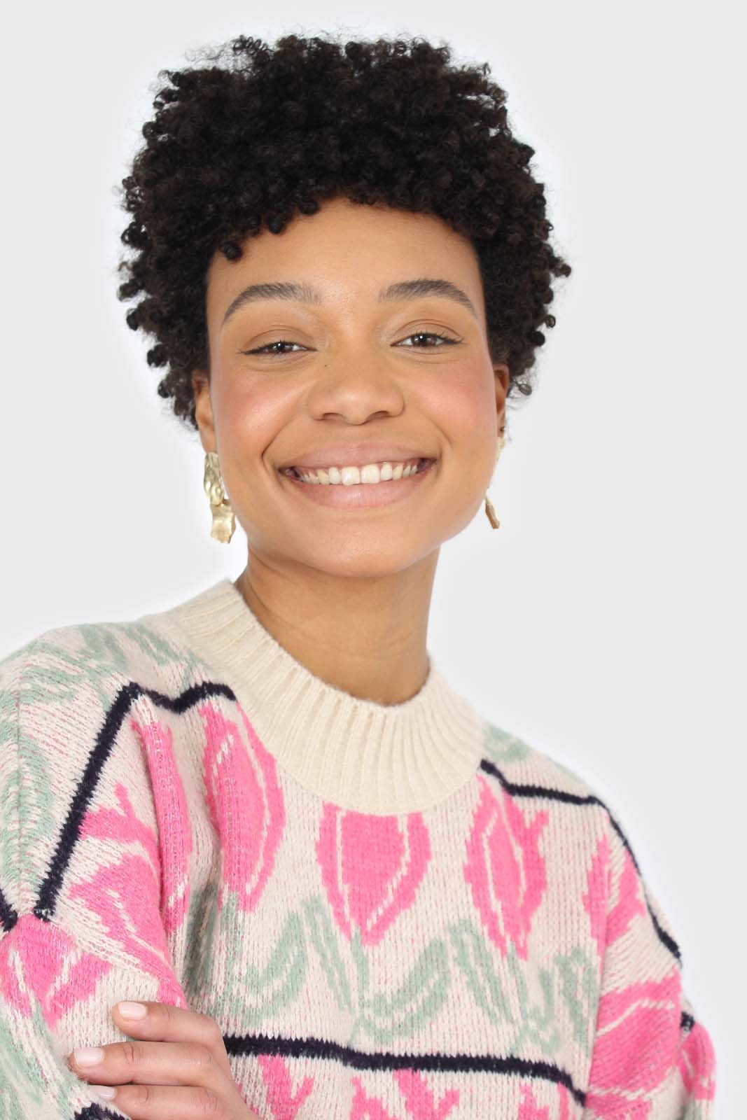 Oatmeal and pink intarsia tulip crew neck jumper