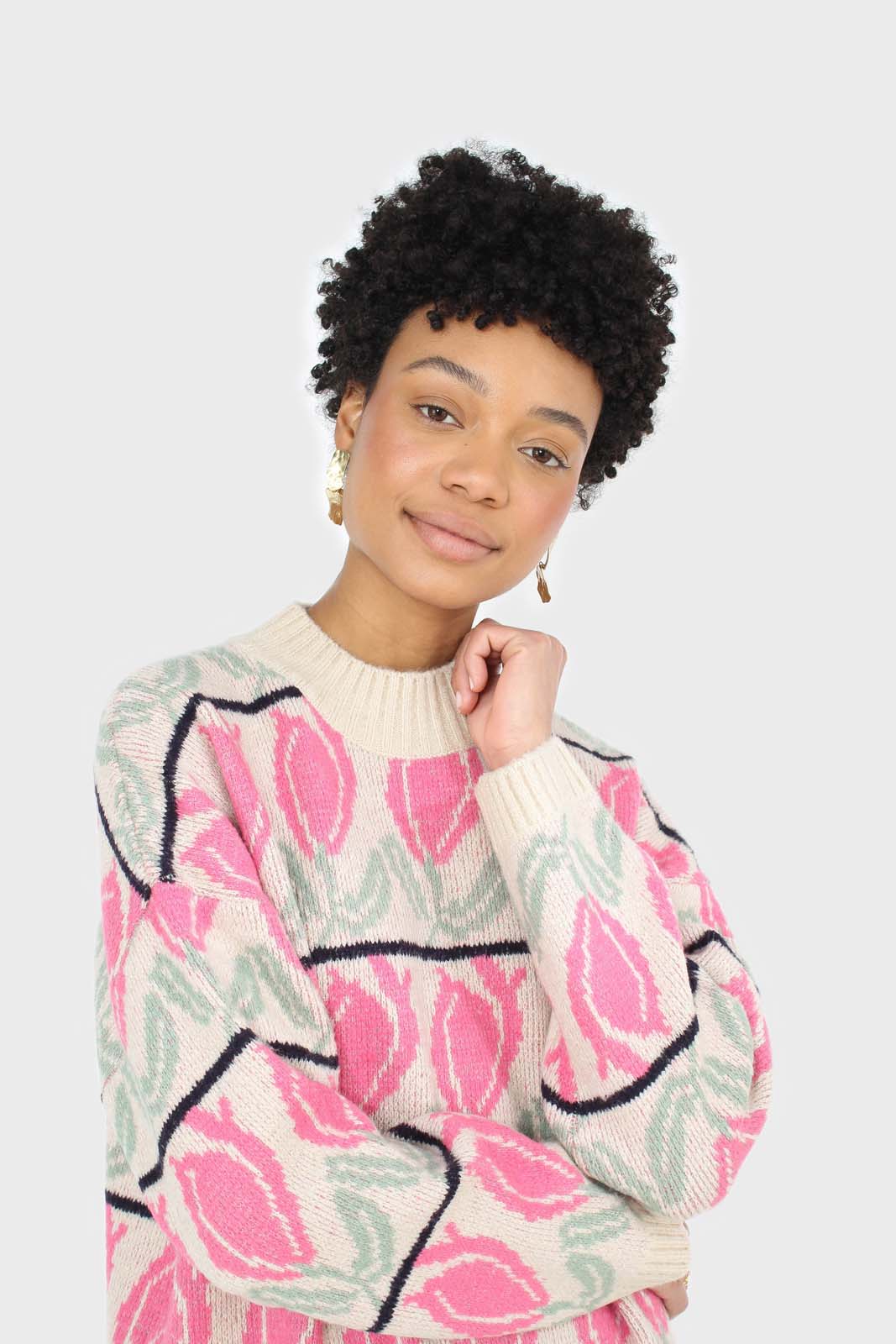 Oatmeal and pink intarsia tulip crew neck jumper