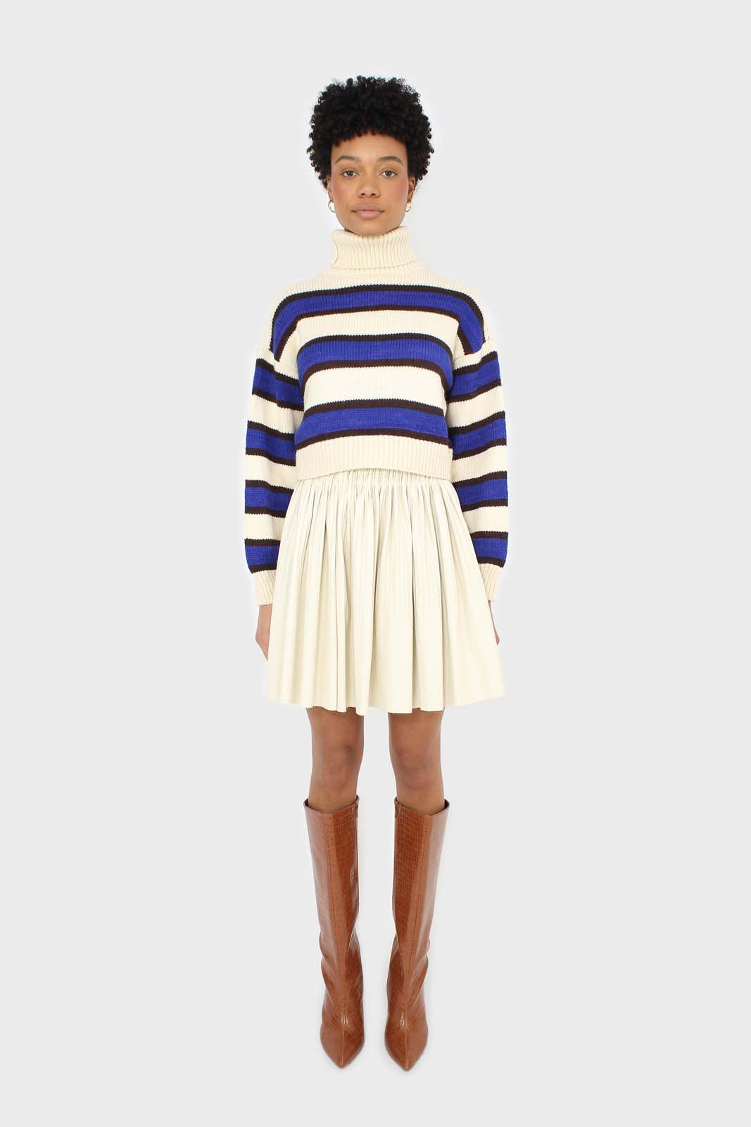 Ivory and cobalt blue bold striped turtleneck jumper