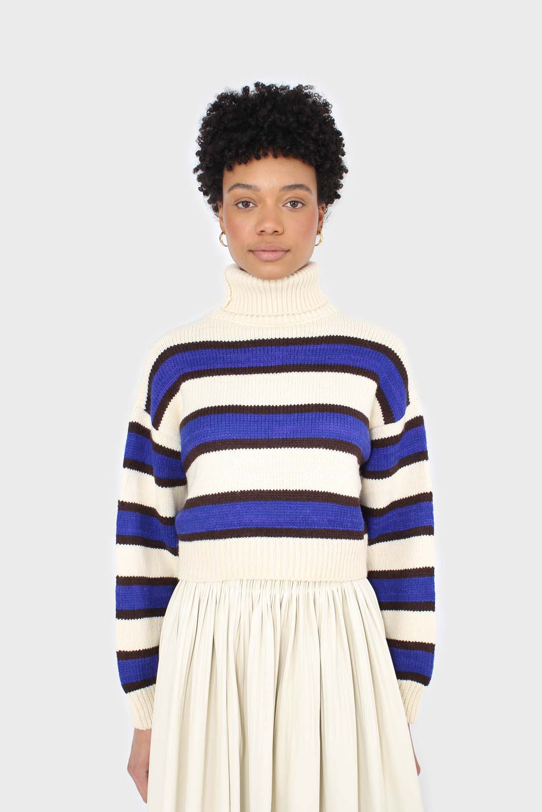 Ivory and cobalt blue bold striped turtleneck jumper
