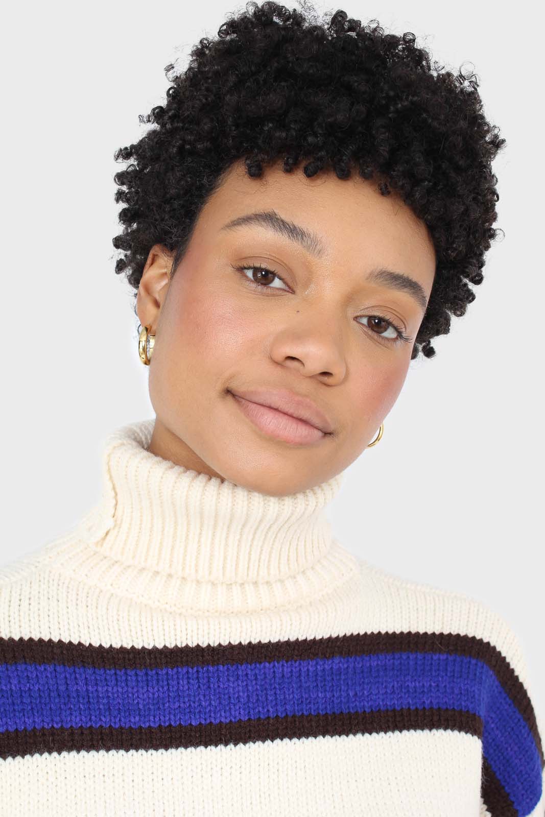 Ivory and cobalt blue bold striped turtleneck jumper