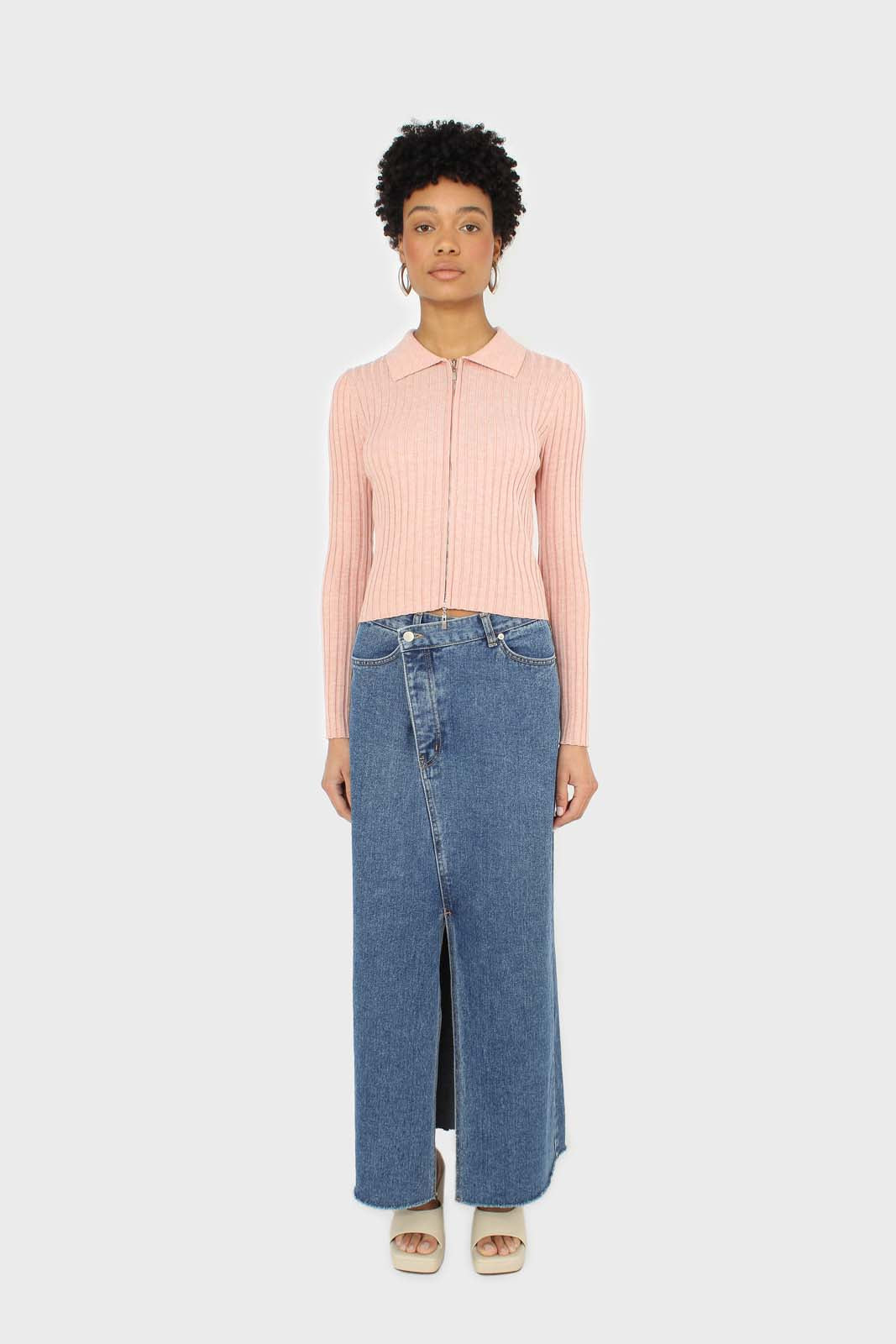 Pink zip up fitted knit top