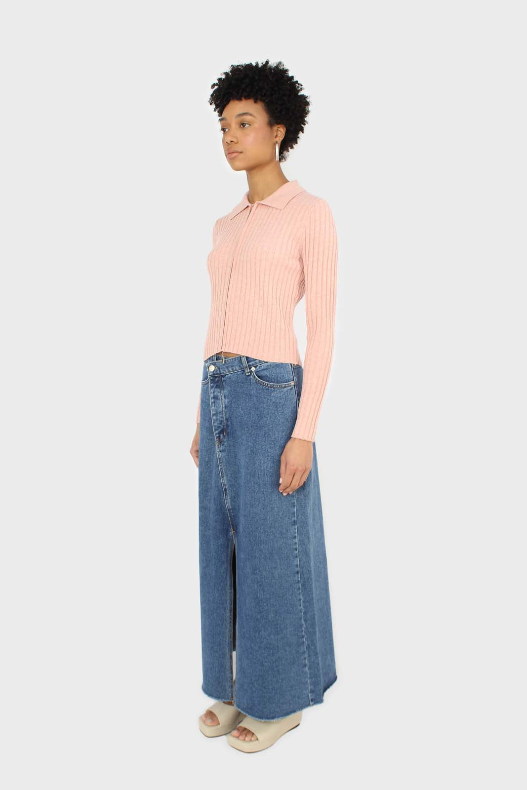 Pink zip up fitted knit top