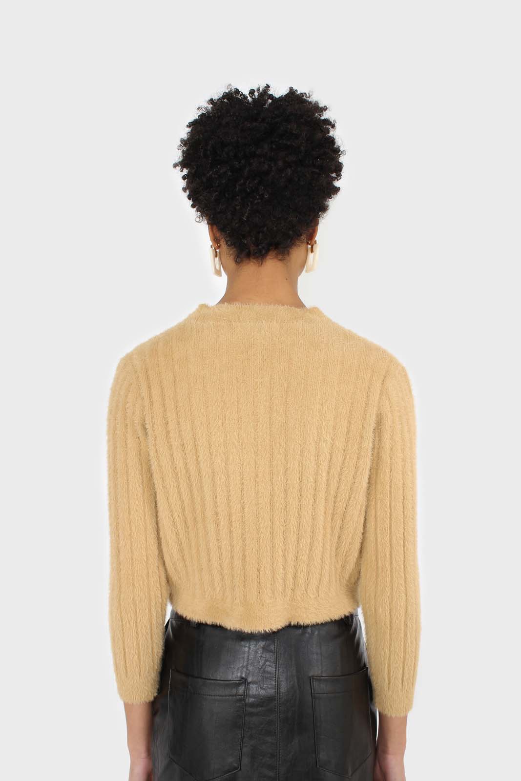Dark beige fuzzy cropped cardigan