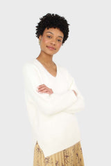 Ivory side slit V neck angora jumper