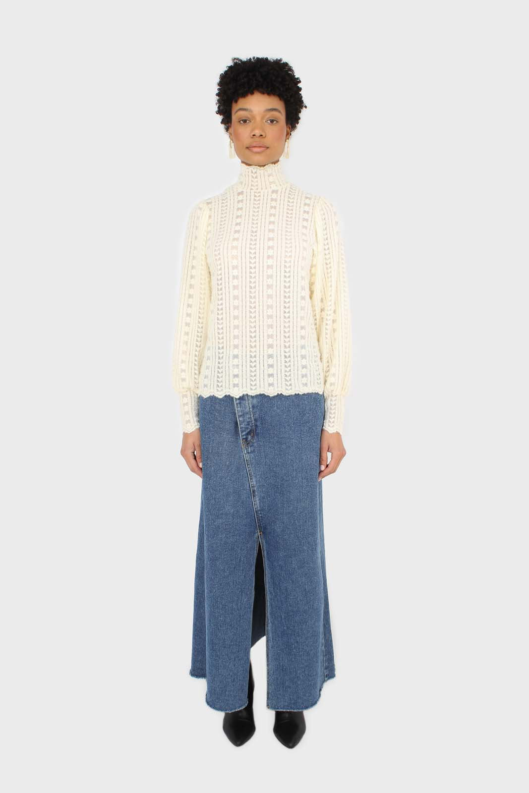 Beige fuzzy lace puff sleeve mock neck blouse