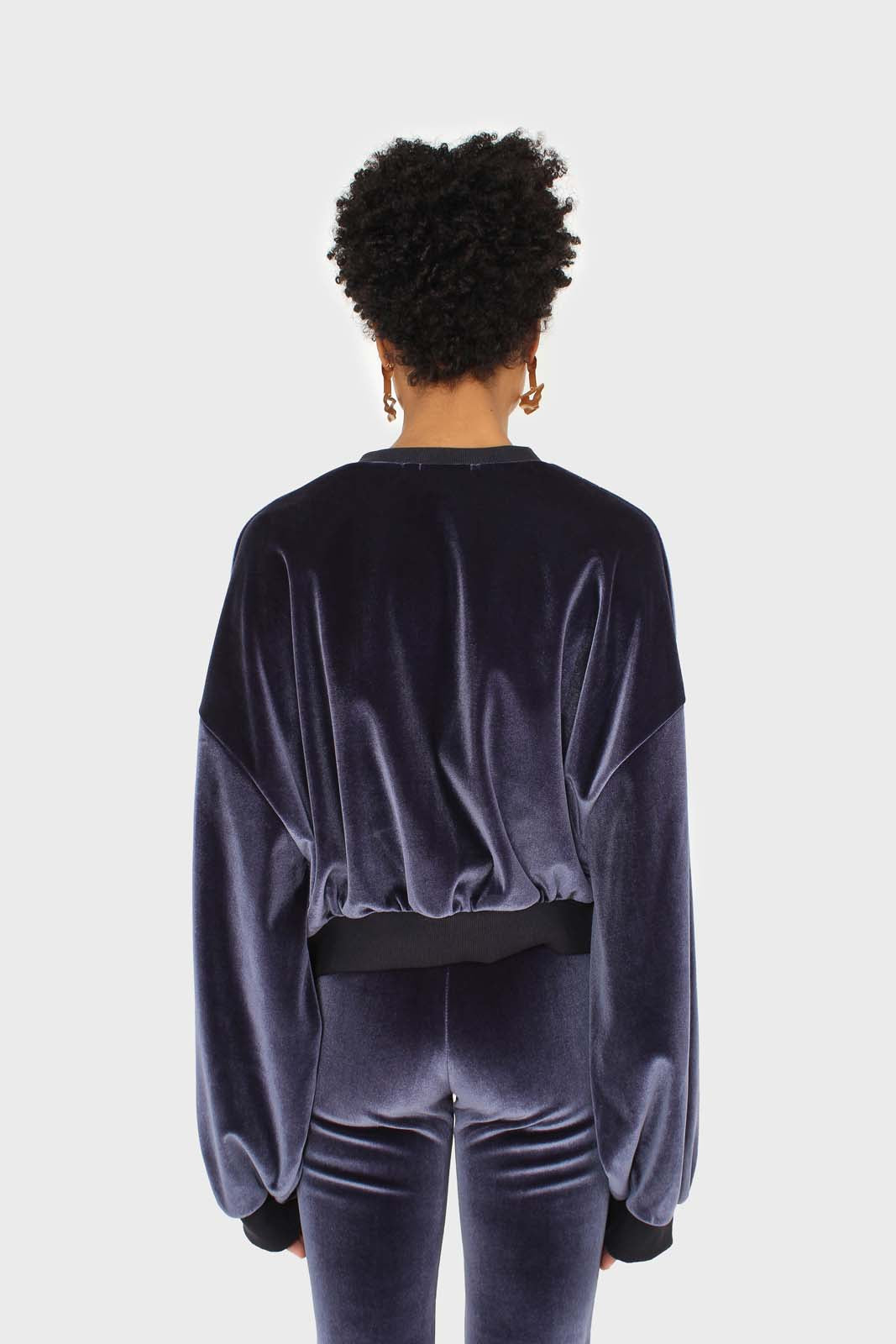Navy smooth velvet balloon sleeve sweatshirt
